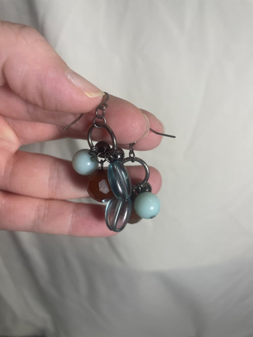 Blue & Brown Beaded Cluster Dangle Earrings Silver Tone Fishhook
